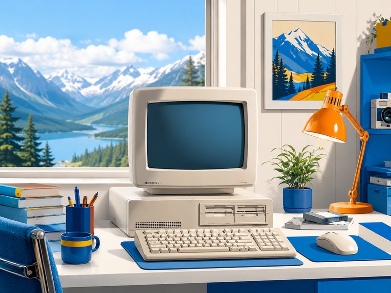 Retro computer with Alaska backdrop representing the history of information technology