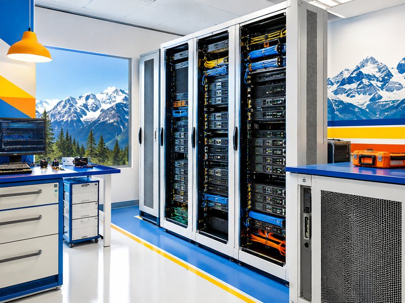 Enterprise server room with Alaska backdrop representing systems administration and networking